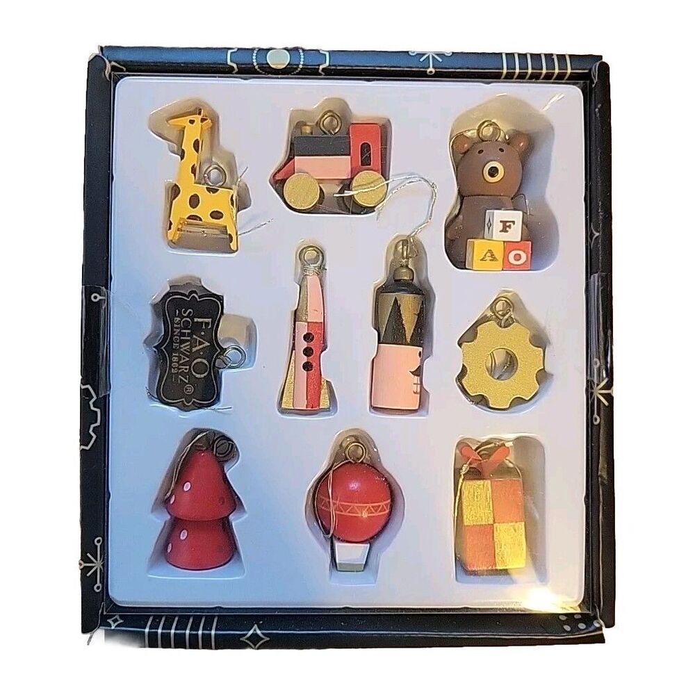 FAO Schwarz Mini Wooden Ornaments - Train - Bear - Giraffe - Toys - Gift - NIB